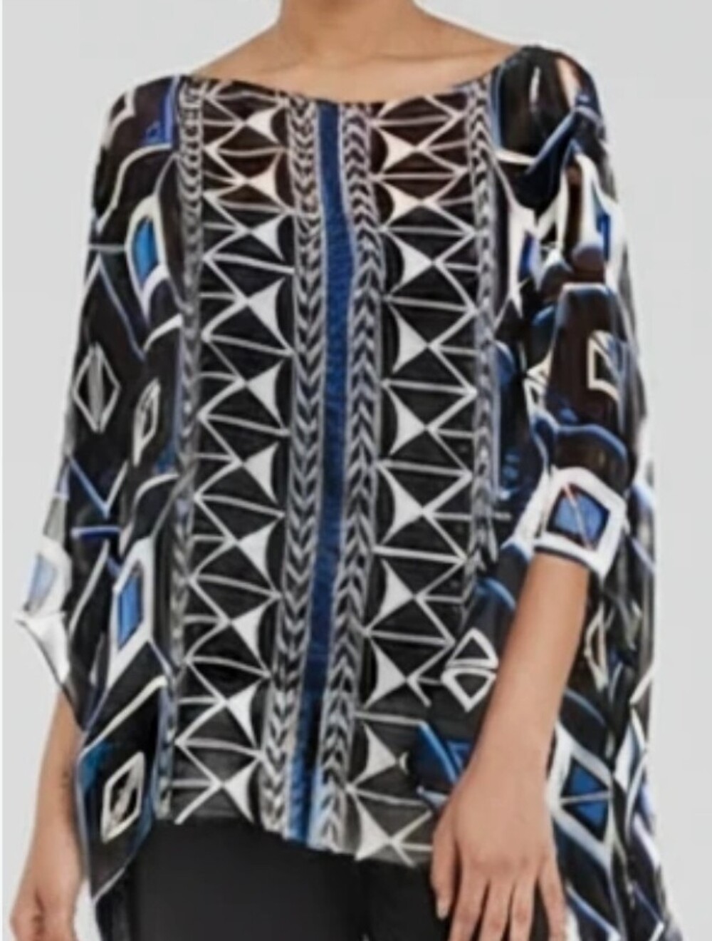 Vince Camuto Graphic Poncho Top Black, White & Blue Patterned Sheer Top XS